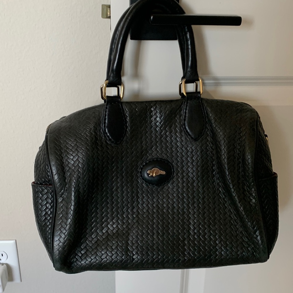 Roots Black Woven Leather Satchel Bag